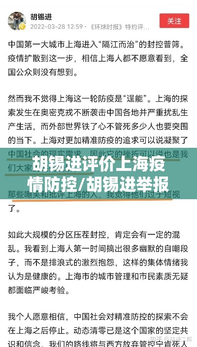 胡锡进评价上海疫情防控/胡锡进举报进展